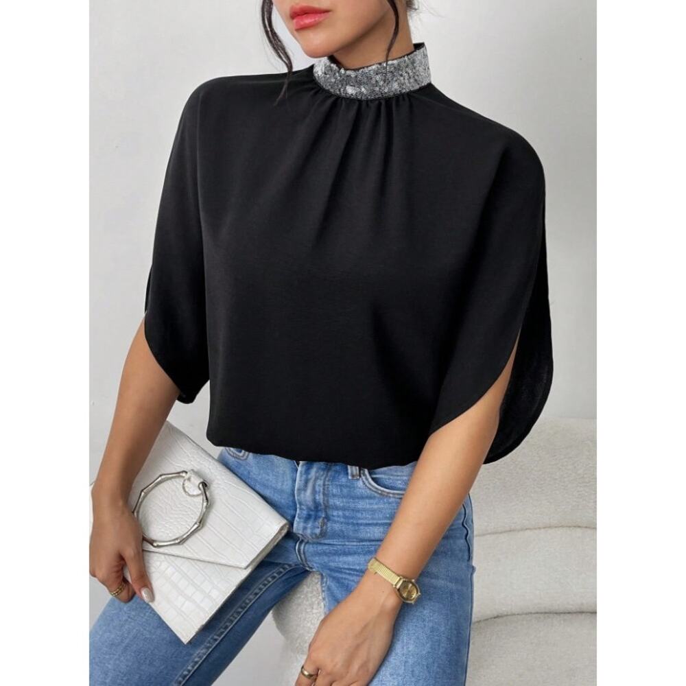 Shein Black Sequin Collar Bat Wing Sleeve Top Small